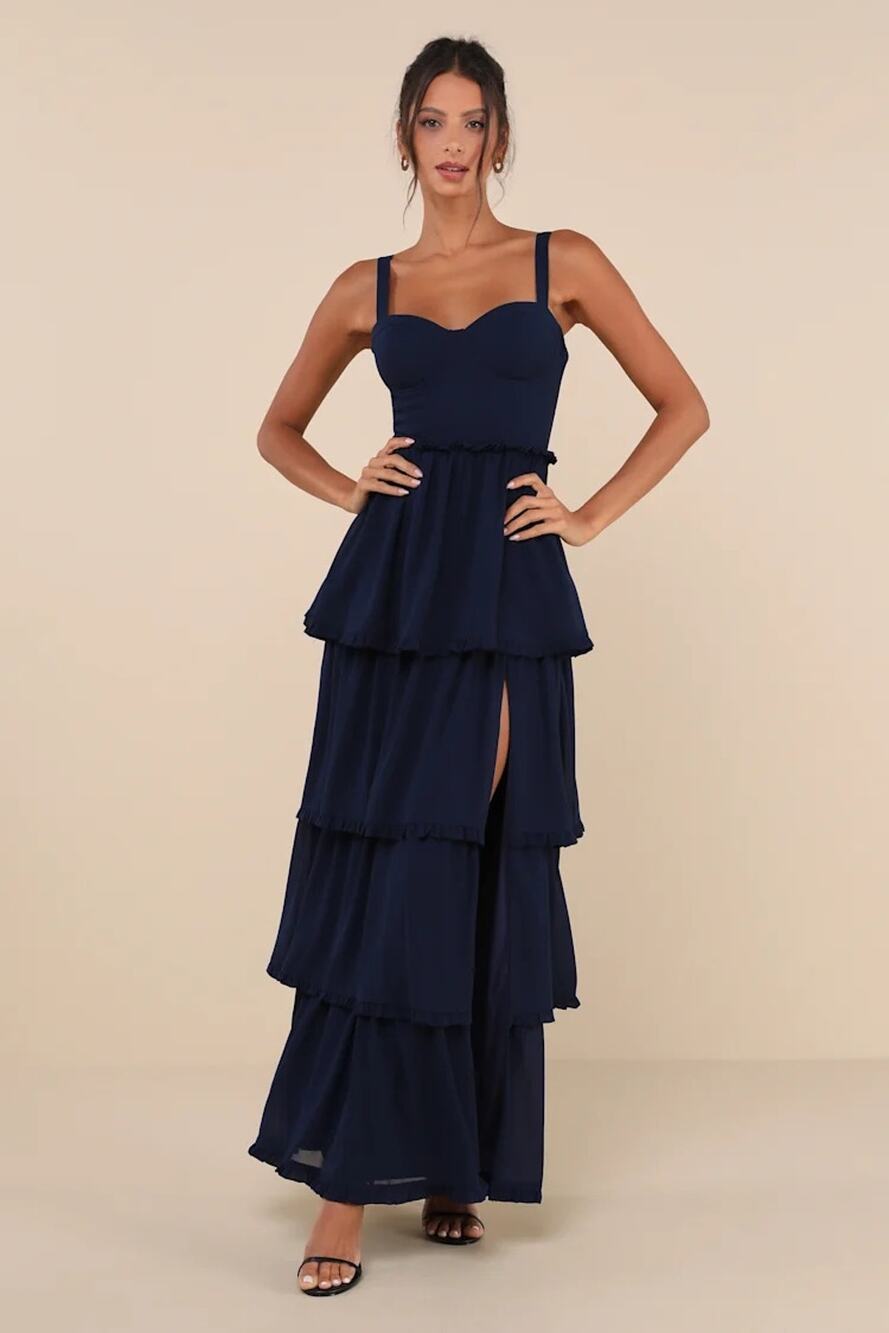 NWT Lulus Sophisticated Occasion Navy Blue Bustier Lace-Up Maxi Dress Size M